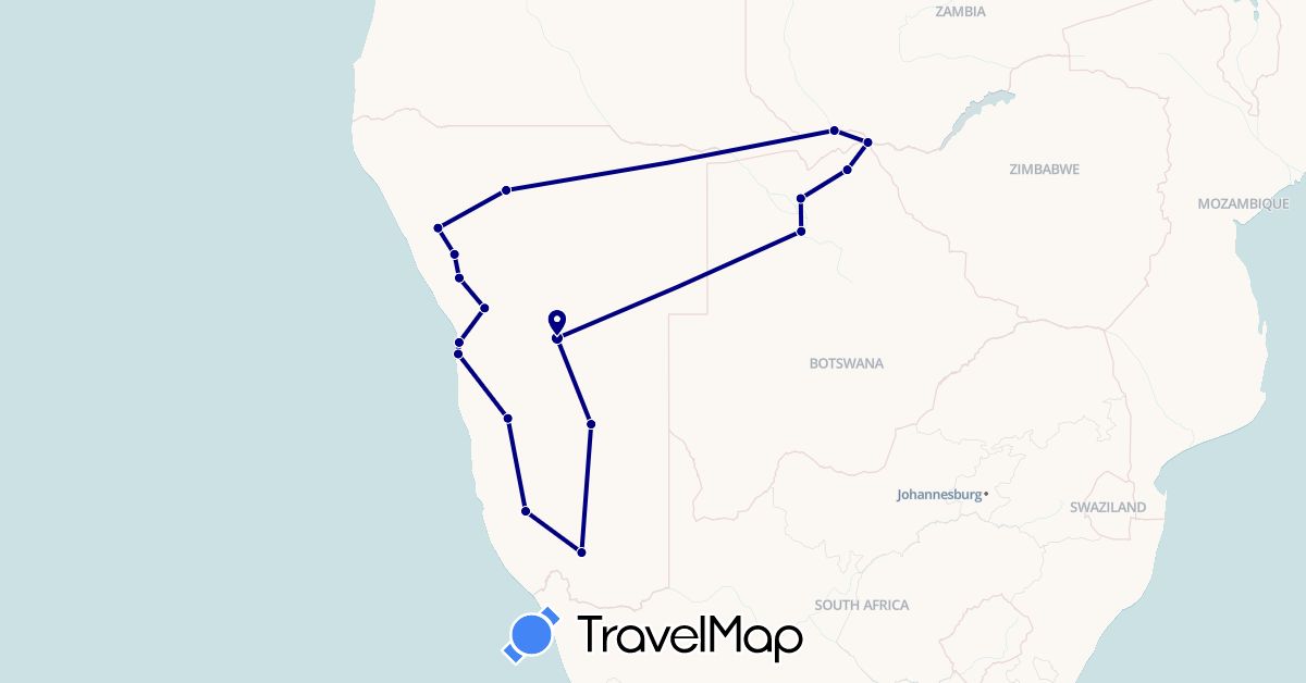 TravelMap itinerary: driving, plane in Botswana, Namibia (Africa)