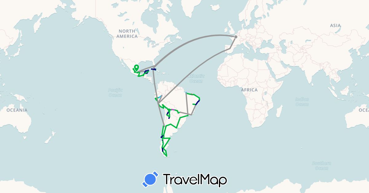 TravelMap itinerary: driving, bus, plane, train, hiking, boat in Argentina, Bolivia, Brazil, Chile, Cuba, Spain, France, Mexico, Panama, Peru, United States (Europe, North America, South America)